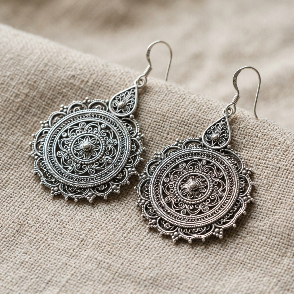 Mandala Silver Filigree Earrings